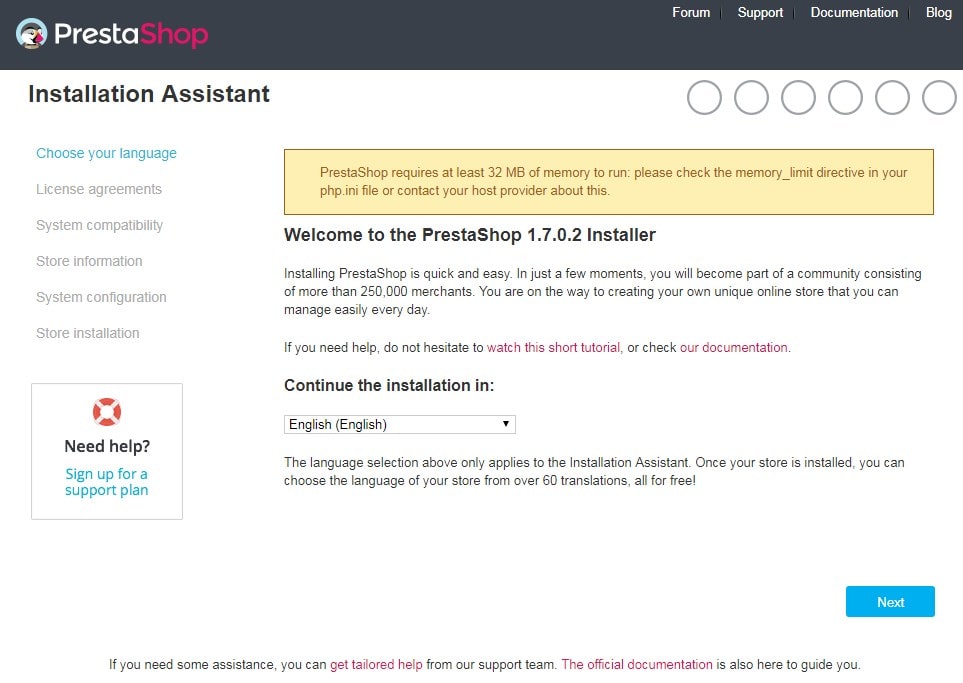 PrestaShop welcome page