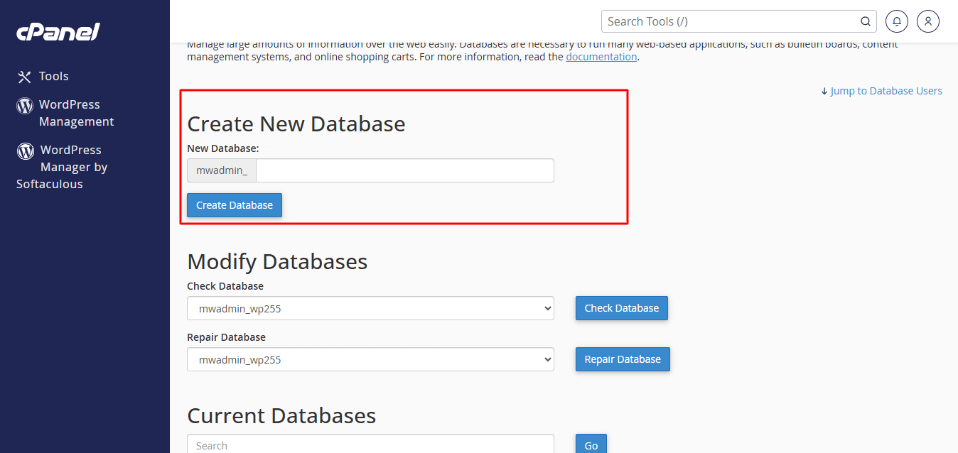 MySQL databases section
