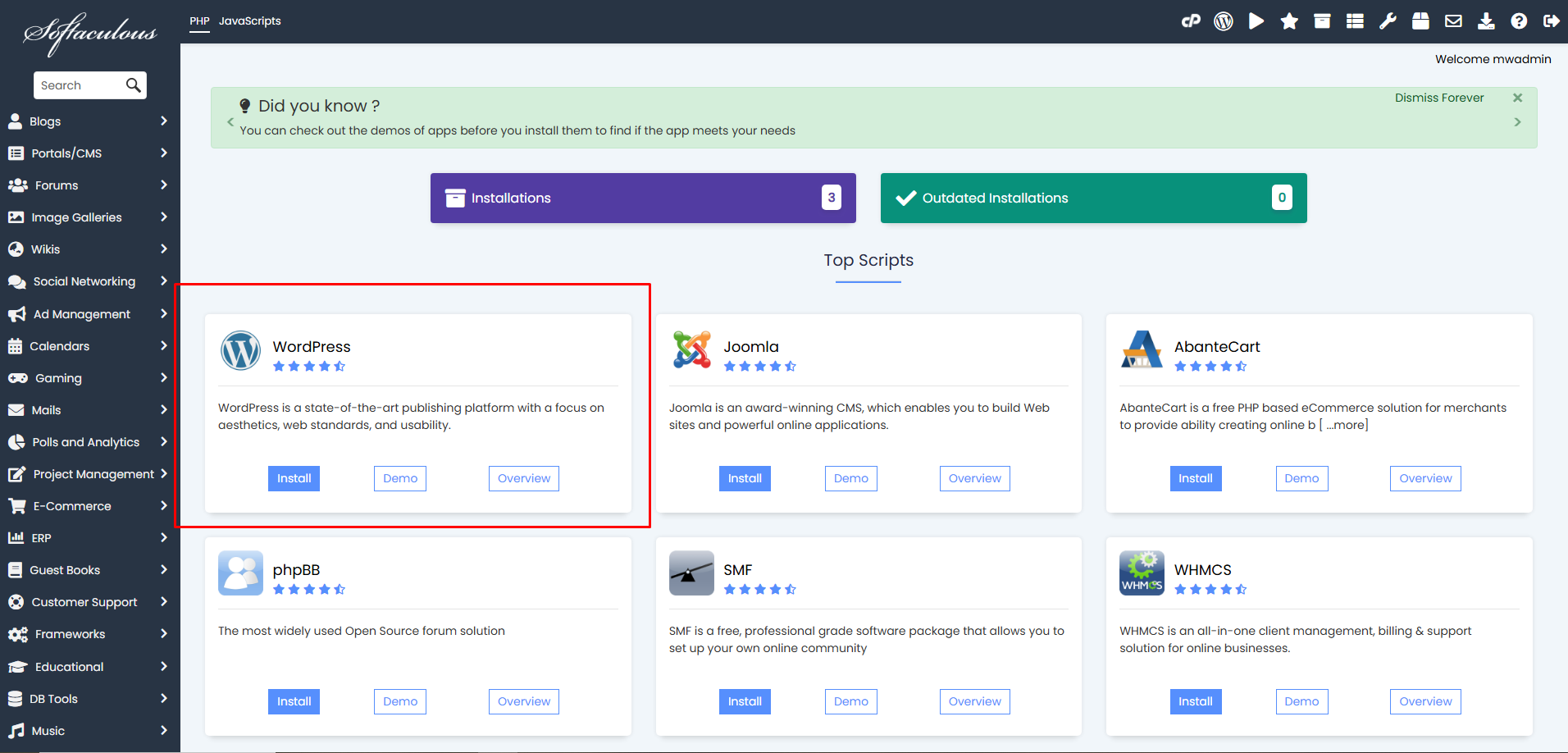 Click on WordPress in the Softaculous