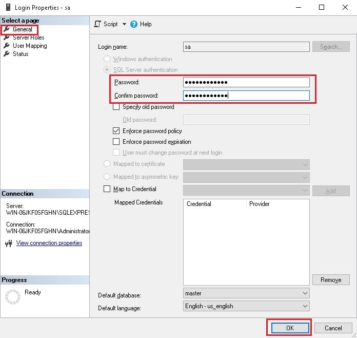 sql server developer default sa password
