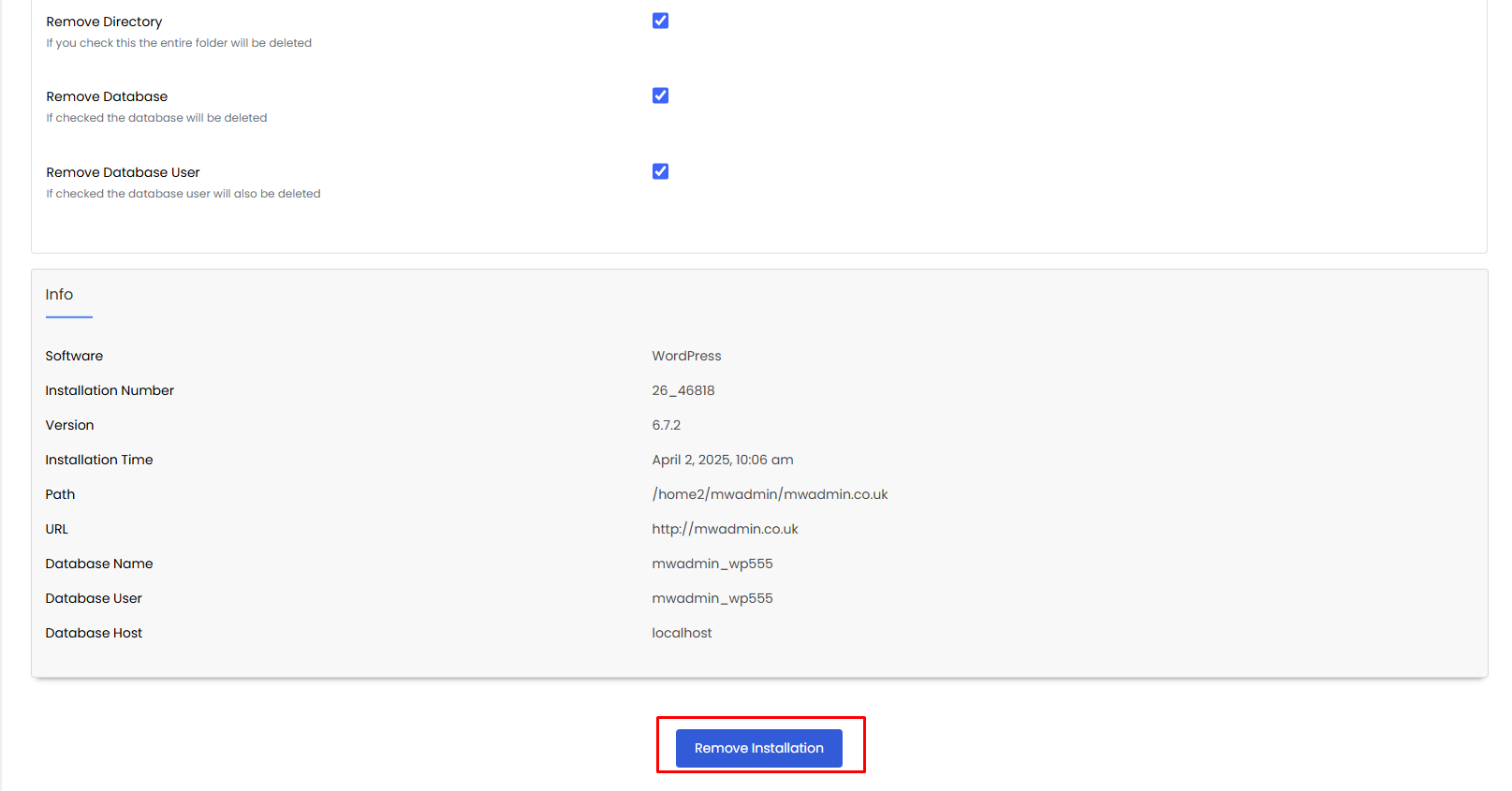 Remove Installation button