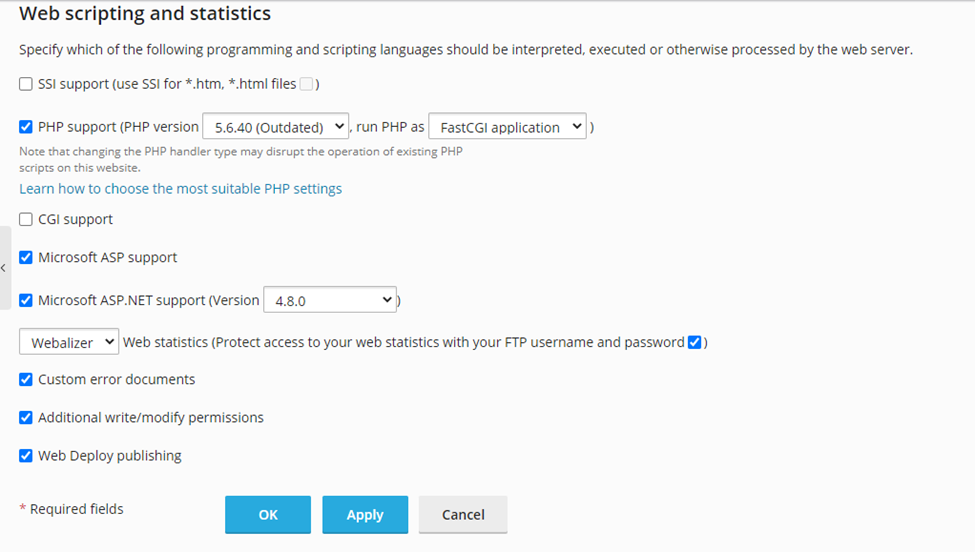 Web deploy settings on Plesk Control Panel