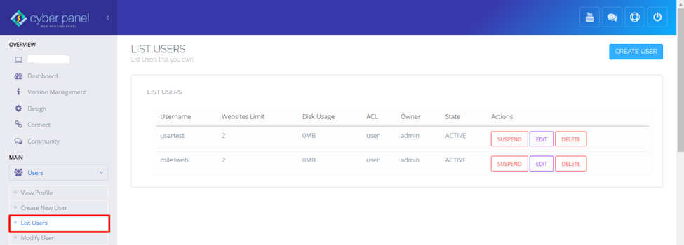CyberPanel dashboard